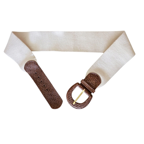 Wide woven brown leather belt stretchy cream strap classic boho summer S/M - Picture 3 of 7